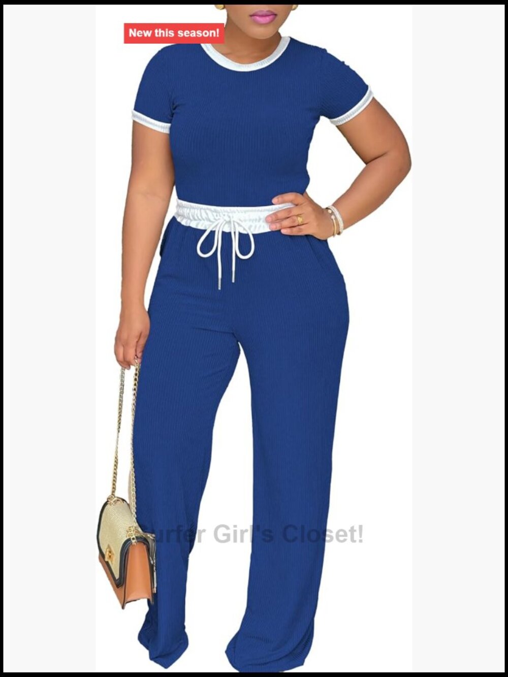 Women's 2 Piece Lounge Set Matching Tracksuit Short Sleeve Wide Leg Pants Ribbed - Picture 1 of 4